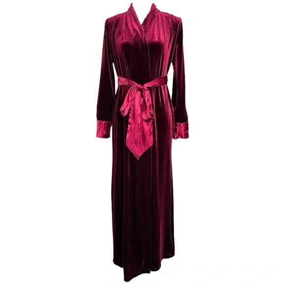 Jonquil Diane Samandi Velvet Robe XS Burgundy Long Belted Wrap Duster - Picture 1 of 8